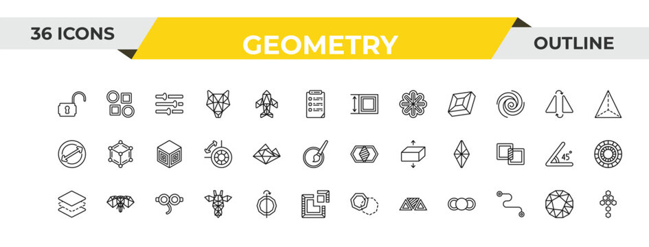 outline geometry icons set - dimension, polygonal mountains, off. editable vector for web and mobile ui