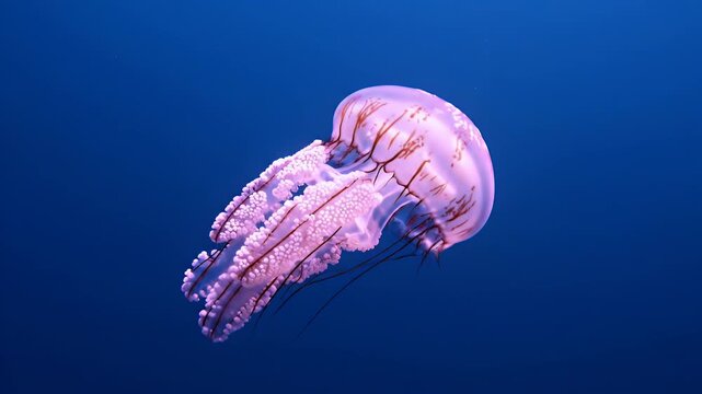 Elegant Purple Jellyfish with Tentacles Drifts Gracefully Through Deep Blue Ocean Water With Subtle Lighting and Small Bubbles Floating Upwards Serene Underwater Scene