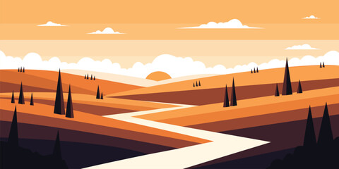 Serene desert landscape with winding path and distant mountains © MDABDURRAHMAN