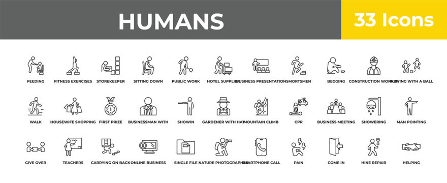 outline humans icons set - first prize, teachers, helping. editable vector for web and mobile ui