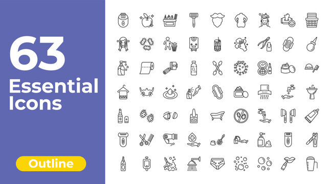 outline hygiene icons set - shaving razor, toothpick, nail clippers. editable vector for web and mobile ui