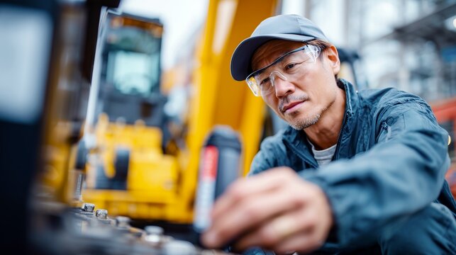 Heavy equipment mechanic repairing hydraulic system on excavator at construction site