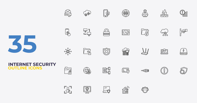 outline internet security icons set - hard disc, ethernet, gdpr shield. editable vector for web and mobile ui