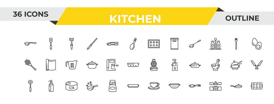 outline kitchen icons set - molded, coffee hine, conserve. editable vector for web and mobile ui