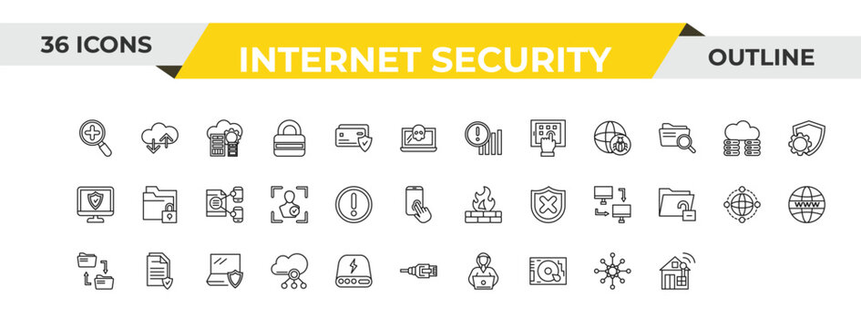 outline internet security icons set - connection error, access denied, antivirus. editable vector for web and mobile ui