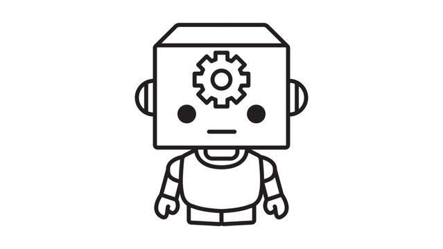 Minimalist AI Agent Vector Icon Illustration of a Cube Head Robot with Gear Symbol, Clean Black Line Art on White Background with Editable Stroke for Customizable Design and Scalable Graphics.