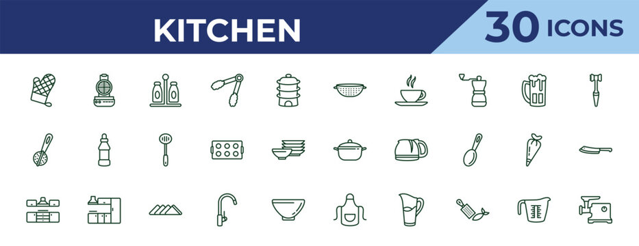 outline kitchen icons set - nder, tea infuser, kitchen. editable vector for web and mobile ui