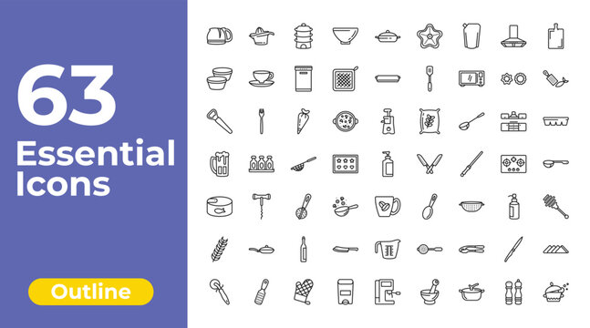 outline kitchen icons set - soup bowl, tray, napkin. editable vector for web and mobile ui