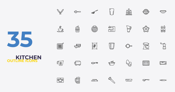 outline kitchen icons set - kitchen cabinet, eggs, rolling pin. editable vector for web and mobile ui