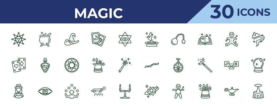 outline magic icons set - pigeon, playing cards, magic assistant. editable vector for web and mobile ui