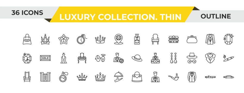 outline luxury collection. thin icons set - vip pass, cufflinks, fragance. editable vector for web and mobile ui