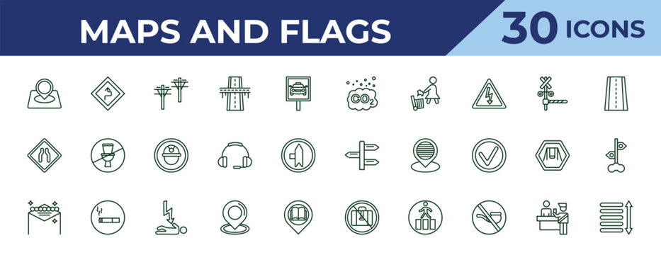 outline maps and flags icons set - co2, narrow two lanes, las vegas. editable vector for web and mobile ui