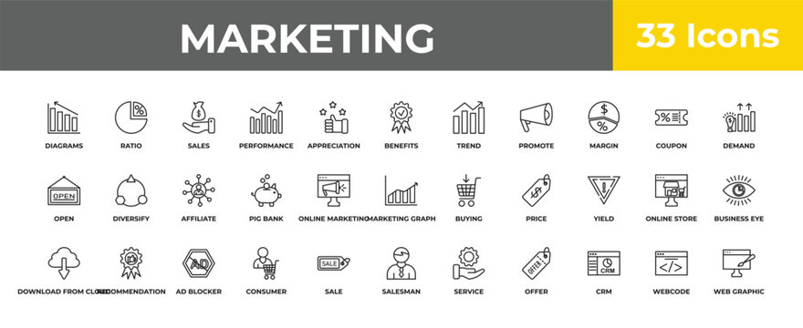 outline marketing icons set - affiliate, recommendation, web graphic. editable vector for web and mobile ui