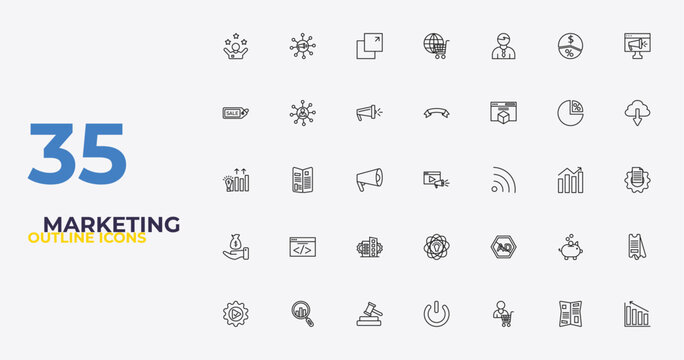 outline marketing icons set - banner, ad blocker, diagrams. editable vector for web and mobile ui