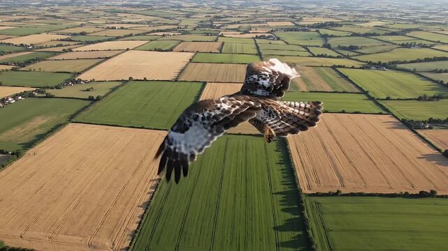 Majestic Bird of Prey Soaring Over Agricultural Farmland Fields with Detailed Feathers and Expansive Rural Landscape Below Captured in Aerial View
