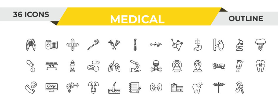outline medical icons set - pulse line, lungs, medical heart scan. editable vector for web and mobile ui