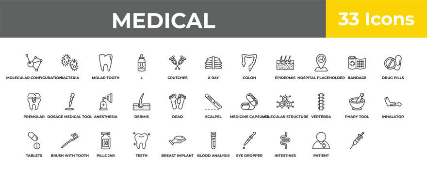 outline medical icons set - anesthesia, brush with tooth paste, syringe with medicine. editable vector for web and mobile ui
