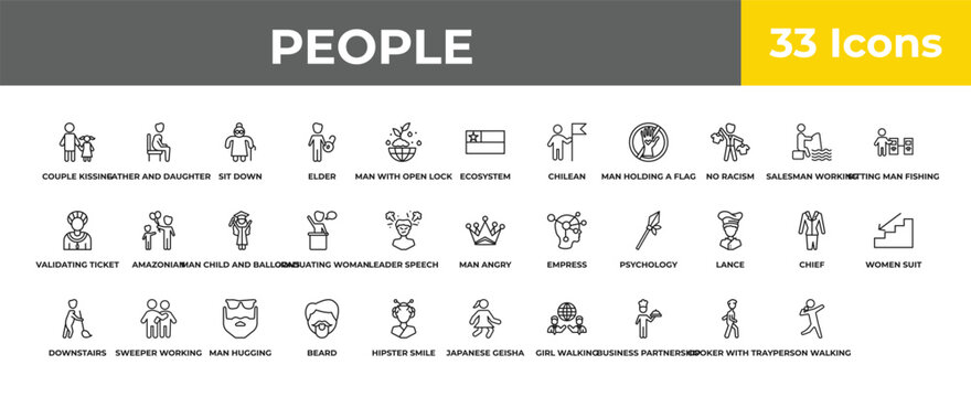 outline people icons set - man child and balloons, sweeper working, shot put. editable vector for web and mobile ui