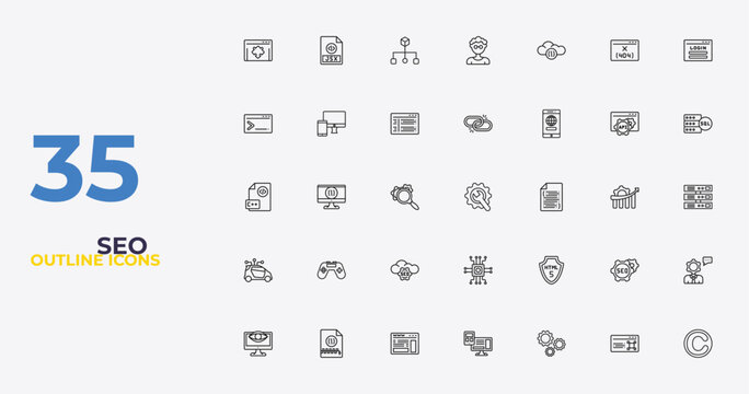 outline seo icons set - broken link, html5, copyright. editable vector for web and mobile ui