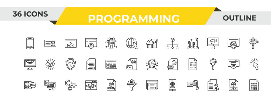 outline programming icons set - seo growth, ux de, cogwheel. editable vector for web and mobile ui