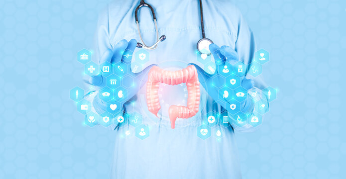 Gastroenterologist presents the anatomy of the large intestine. Innovative colorectal screening, professional evaluation. Colon cancer prevention and modern medical diagnosis. Advanced health.