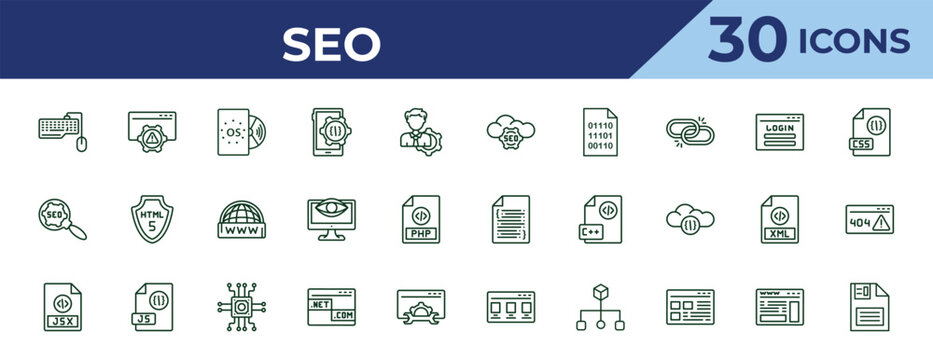 outline seo icons set - seo cloud, seo, jsx. editable vector for web and mobile ui