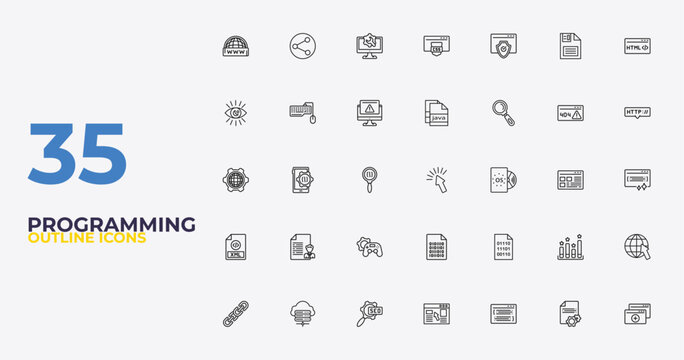 outline programming icons set - , binary code, duplicate. editable vector for web and mobile ui