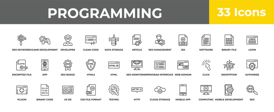 outline programming icons set - seo badge, binary code, seo. editable vector for web and mobile ui