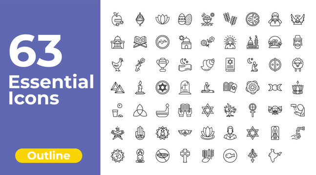 outline religion icons set - easter eggs, flowers, old oil lamp. editable vector for web and mobile ui