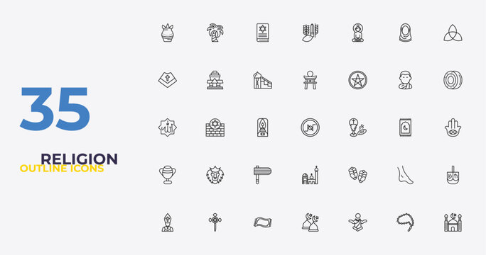 outline religion icons set - shinto, challah, mosque. editable vector for web and mobile ui