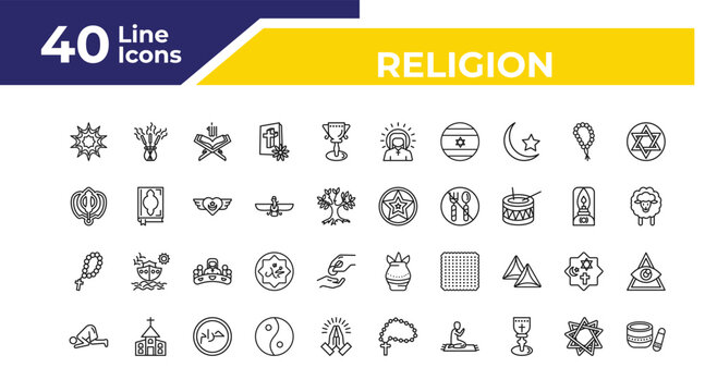 outline religion icons set - sikhism, rosary, ruku posture. editable vector for web and mobile ui