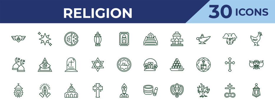 outline religion icons set - minbar, abrahamic, lion of judah. editable vector for web and mobile ui