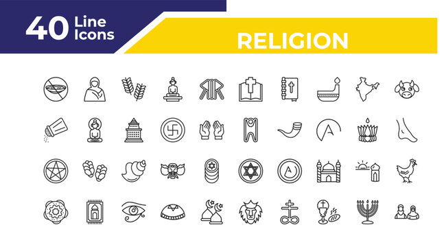 outline religion icons set - religious salt, satanism, jewish bagels. editable vector for web and mobile ui