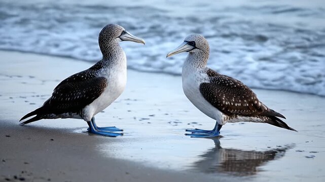 Two Blue footed Booby Birds Standing On Sandy Beach Shoreline With Gentle Ocean Waves Approaching During Daytime With Soft Natural Light