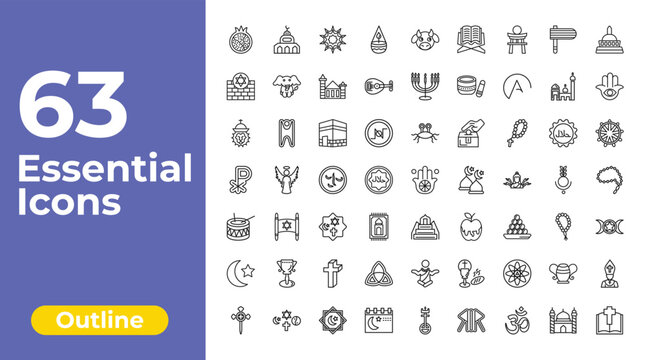 outline religion icons set - ner tamid, menorah, pope. editable vector for web and mobile ui