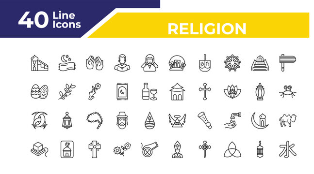 outline religion icons set - easter eggs, odin, tefilin. editable vector for web and mobile ui