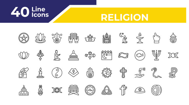 outline religion icons set - lotus, vigil, chi rho. editable vector for web and mobile ui