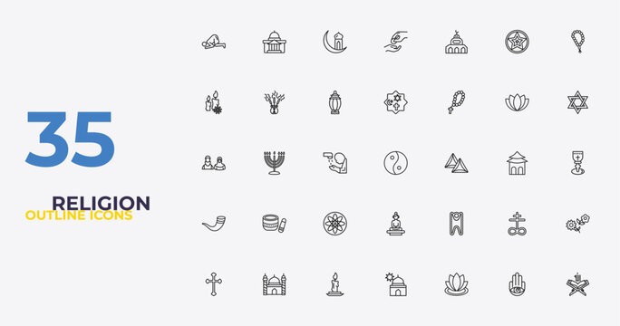 outline religion icons set - monotheism, humanism, koran. editable vector for web and mobile ui