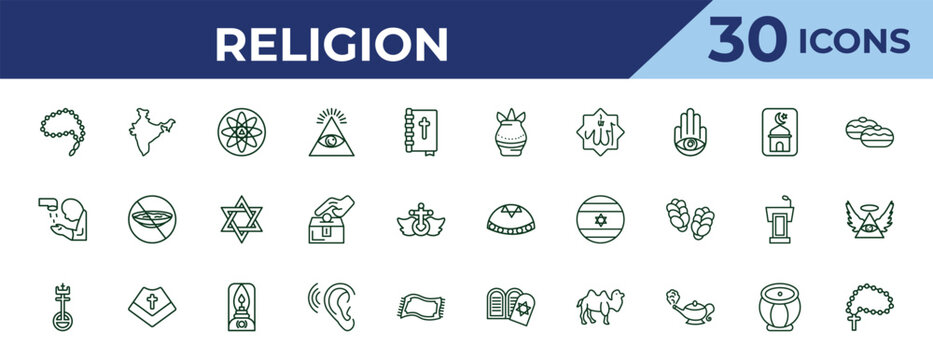 outline religion icons set - kalasha, islamic ghusl, united church of christ. editable vector for web and mobile ui