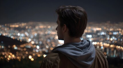 Fototapeta premium A thoughtful individual stands against the mesmerizing backdrop of a sprawling illuminated nighttime city skyline
