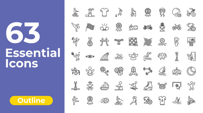 outline sports icons set - golf player hitting, kickball, jumping dancer. editable vector for web and mobile ui