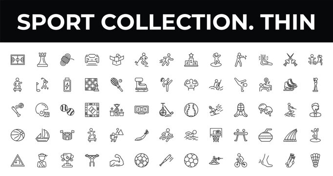 outline sport collection. thin icons set - rinkball, award, man lifting weight. editable vector for web and mobile ui