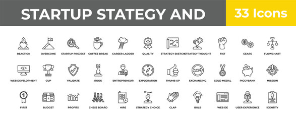 outline startup stategy and icons set - validate, budget, identity. editable vector for web and mobile ui © IconArt