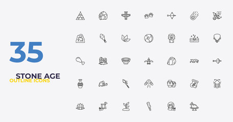 outline stone age icons set - wheel, boomerang, roast chicken. editable vector for web and mobile ui © IconArt