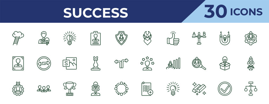 outline success icons set - passion, humanpictos, strategy management. editable vector for web and mobile ui