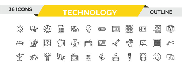 outline technology icons set - tee power, sound box, wireless lighting. editable vector for web and mobile ui © IconArt