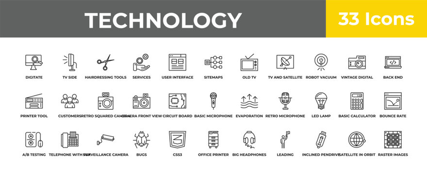 outline technology icons set - retro squared camera, telephone with fax, raster images. editable vector for web and mobile ui
