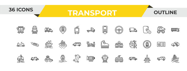 outline transport icons set - monorail, minivan, patrol car. editable vector for web and mobile ui © IconArt