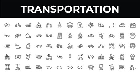 Fototapeta premium outline transportation icons set - space rocket launch, gearshift, school van. editable vector for web and mobile ui