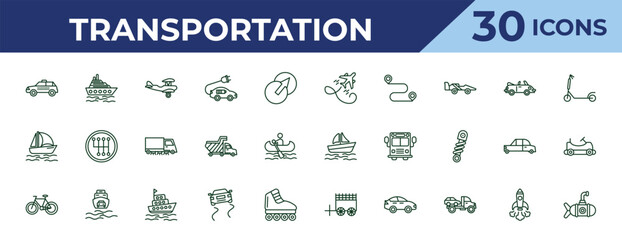 Fototapeta premium outline transportation icons set - flying airplane, catamaran, bicycle side view. editable vector for web and mobile ui
